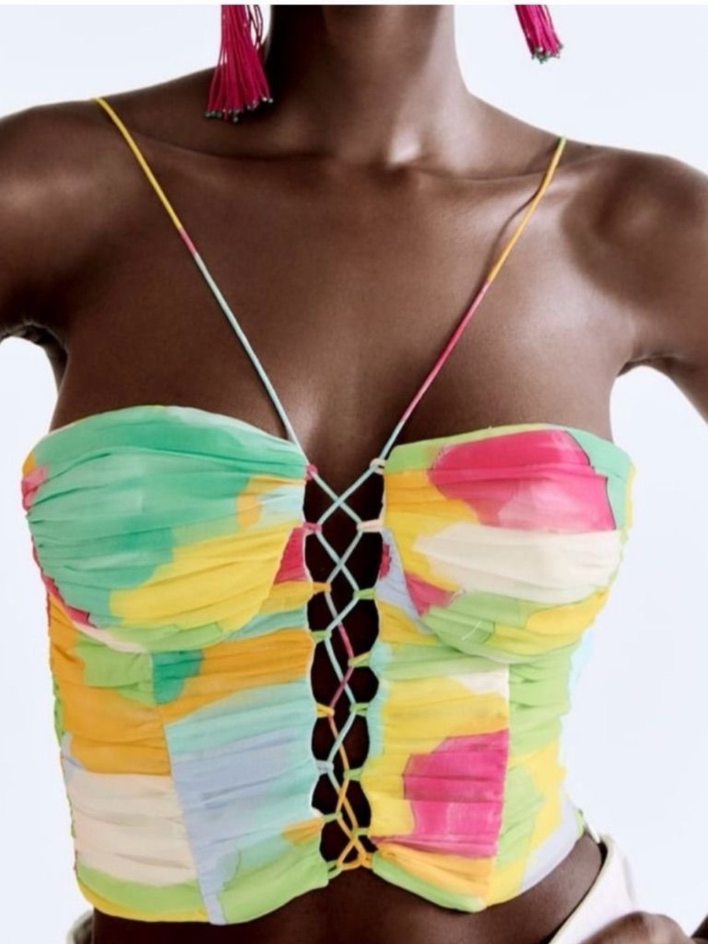 Zara Multicolor Lace-Up Ruched Crop Top in Green, Yellow & Pink